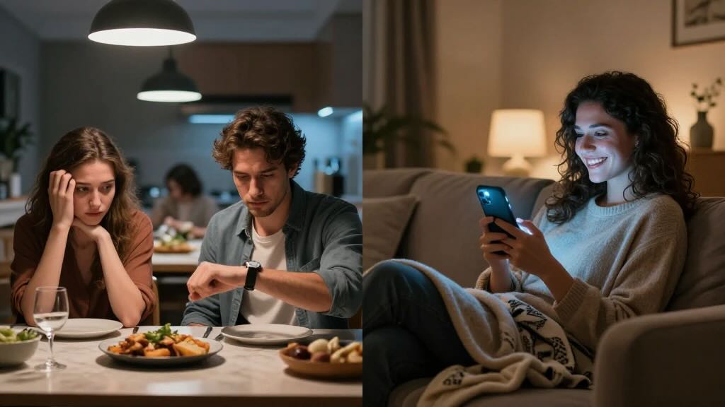 Split image: left shows a couple at a dinner table, the man checks his watch as the woman looks bored; right shows a woman on a couch smiling at her phone.
