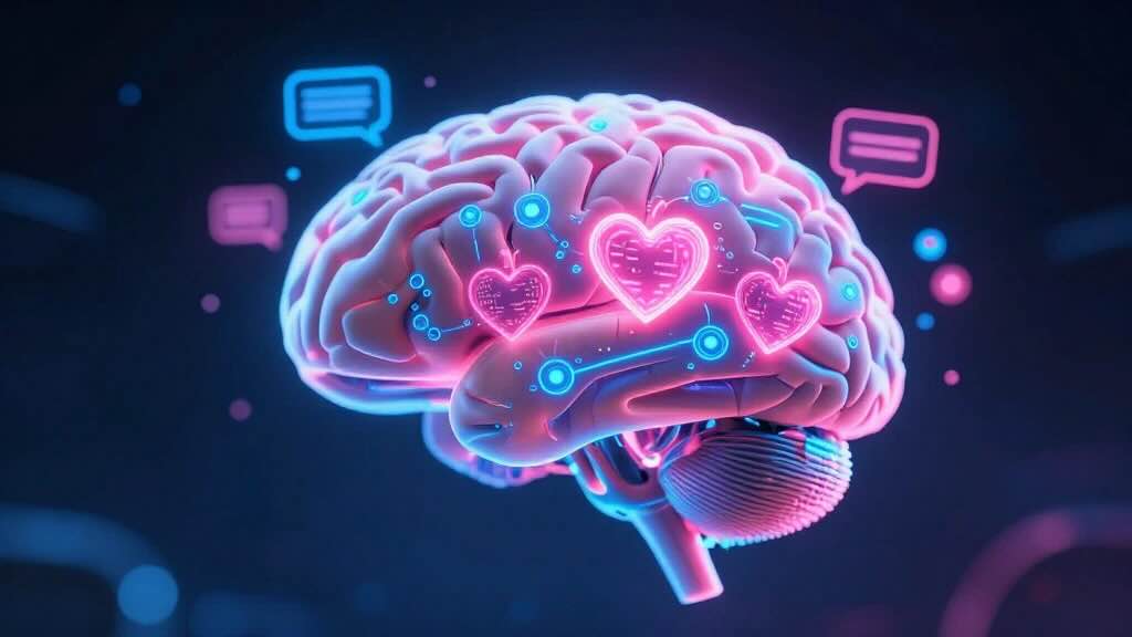 Neon illustration of a brain with glowing heart symbols and circuit-like connections in a dark background
