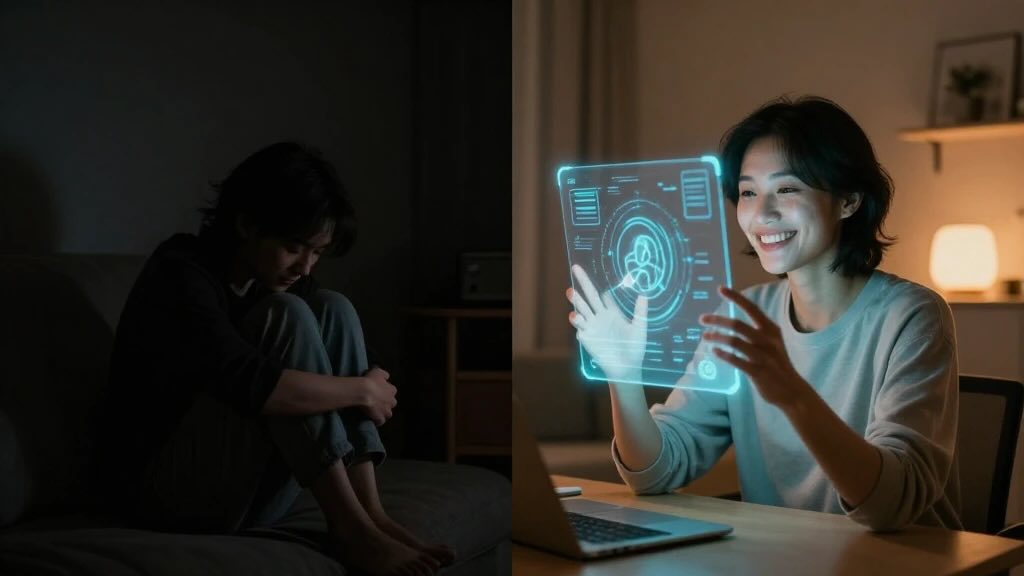 Split scene: on the left, a man sits curled on a dark sofa looking distressed; on the right, a woman at a desk smiles while interacting with a glowing holographic touchscreen.