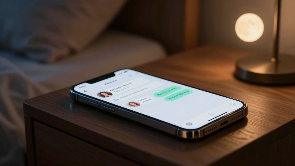 Smartphone on a wooden nightstand showing a messaging app with green chat bubbles on screen, dim bedside lighting in the background, lamp visible in the distance.