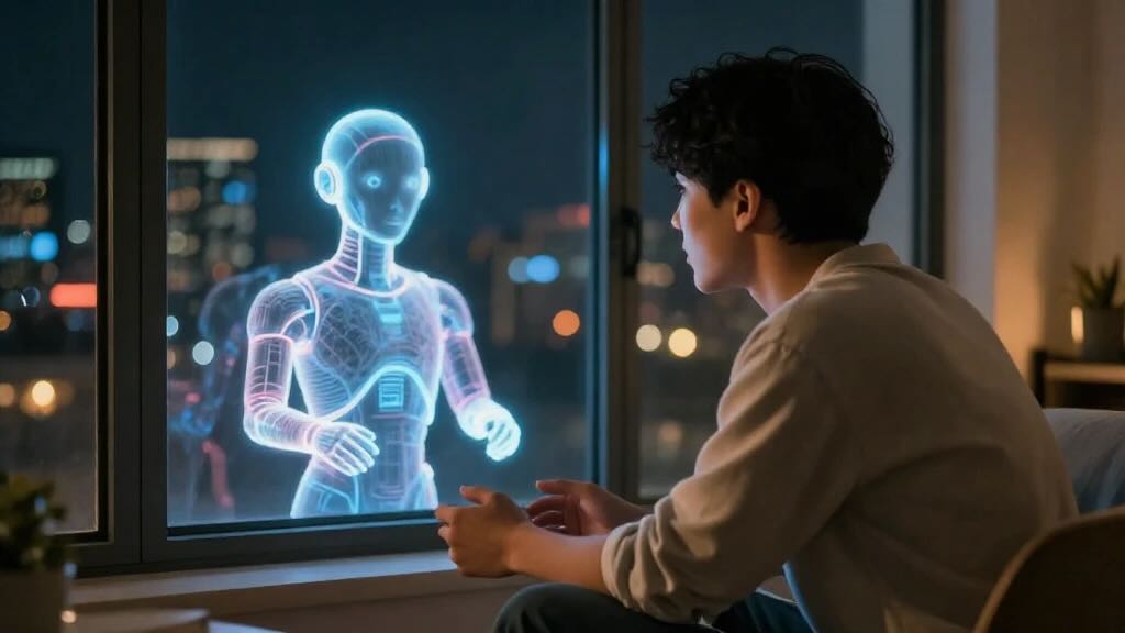 A man sits indoors at night, gazing at a glowing blue holographic humanoid robot visible through the window.