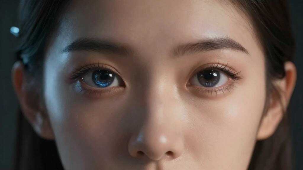 Close-up of a woman's face showing two different-colored eyes: blue left, dark right.