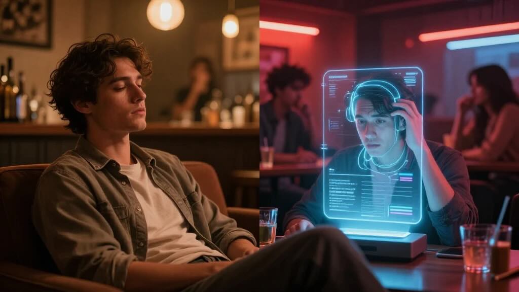 Man relaxing with eyes closed in a dim bar while a nearby patron uses a glowing holographic interface at the table beside him.