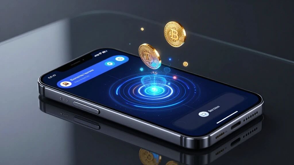 Smartphone on a glass table with a blue circular digital interface on the screen and two Bitcoin coins hovering above the device.