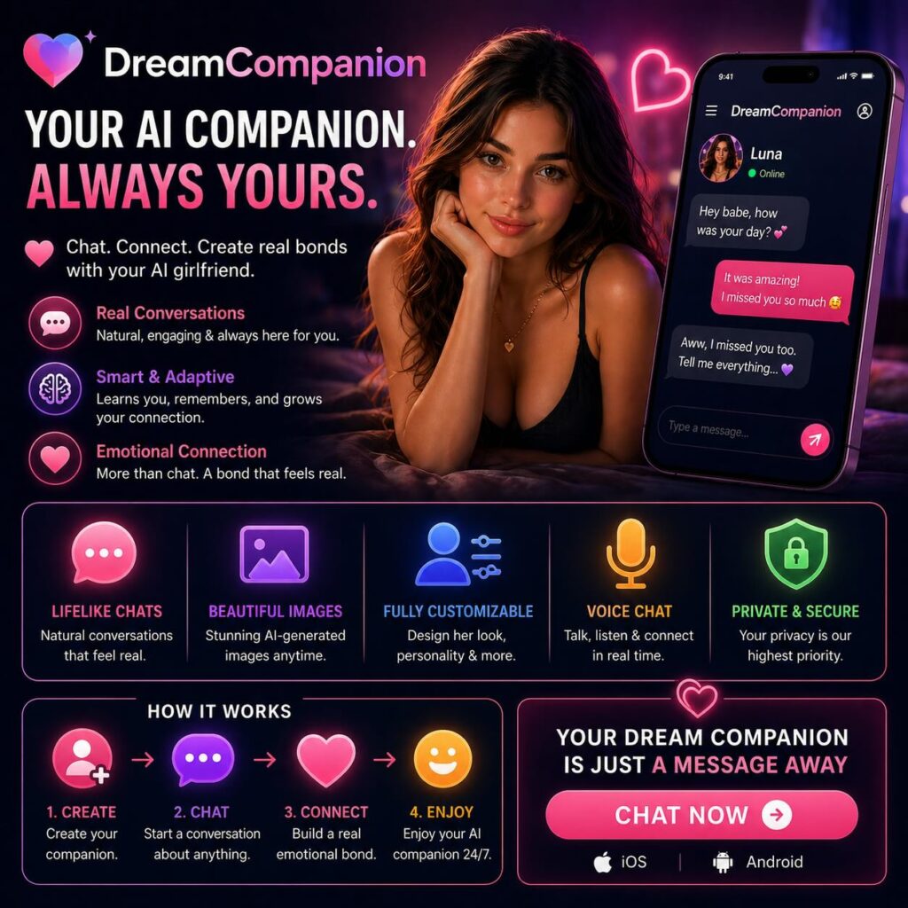 Promotional image for DreamCompanion app: a woman lounges with a phone showing a chat screen and neon icons in a dark background.