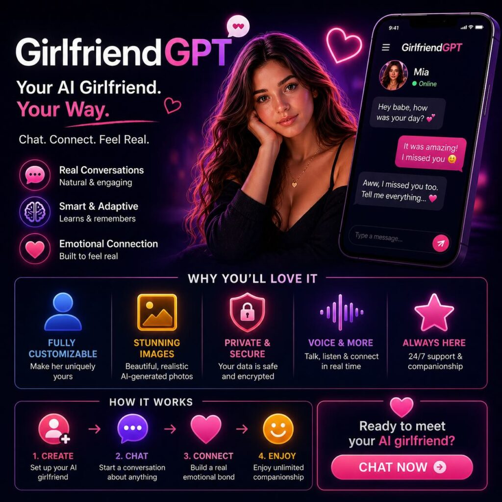 Neon promotional image for GirlfriendGPT app featuring a mock chat on a phone, with icons highlighting Real Conversations, Smart & Adaptive, and Emotional Connection.