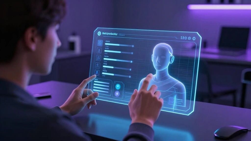 NSFW AI Girlfriends | The Best AI Girls Person interacts with a blue holographic touchscreen displaying a 3D human figure and health metrics.