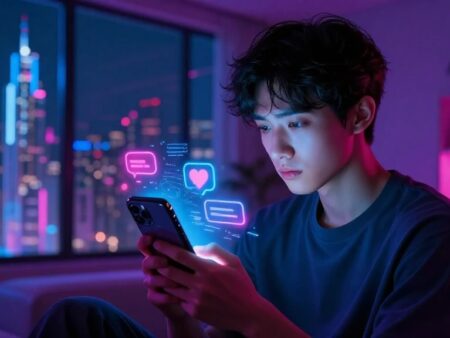 NSFW AI Girlfriends | The Best AI Girls Young man in a neon-lit room focused on his phone, with glowing chat bubbles floating around the screen against a city backdrop at night.