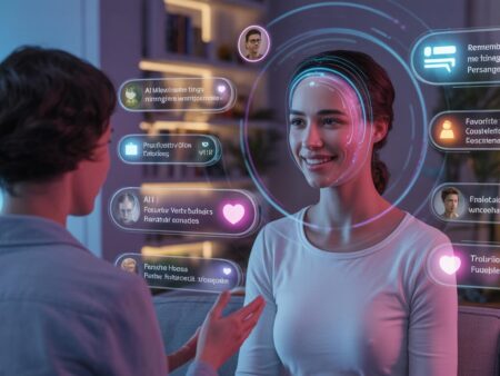 Two people in a living room; a woman smiles as holographic social bubbles float around her head.