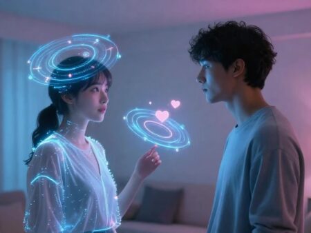 Couple facing each other in a dim living room with glowing holographic rings around their heads and floating hearts between them.