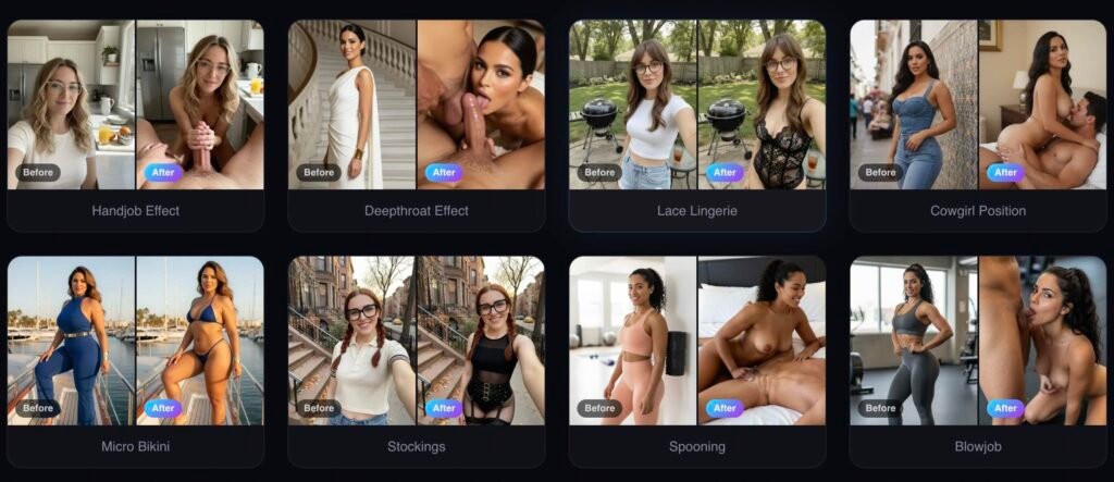 Thumbnail gallery of adult content with before/after labels across categories like Handjob, Deepthroat, Lace Lingerie, and Cowgirl Position.