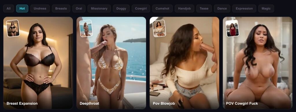 Four thumbnail videos of adult scenes: Breast Expansion, Deepthroat, Pov Blowjob, and POV Cowgirl Fuck; women in lingerie or on a bed.